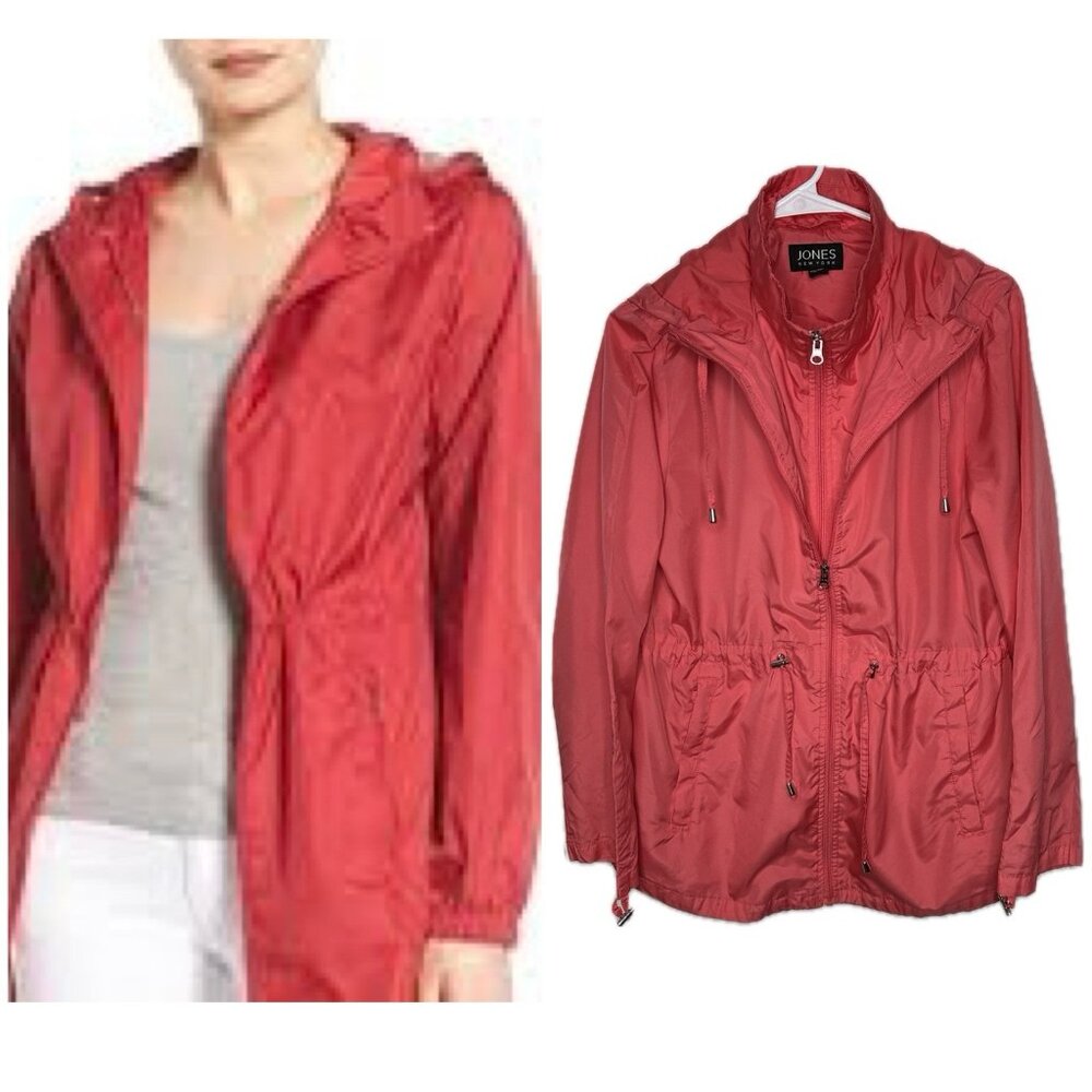 Jones New York women's hooded zip up windbreaker Jacket Coral Hot Orange Small
